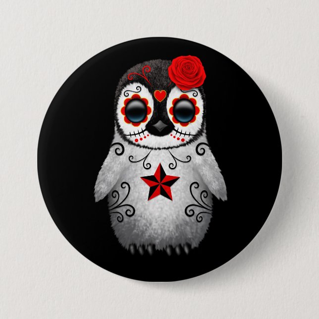 Red Day of the Dead Sugar Skull Penguin Black Button (Front)