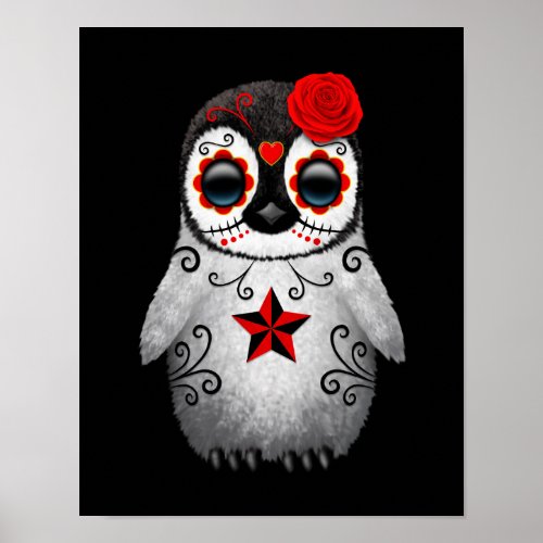 Red Day of the Dead Sugar Skull Penguin Black Poster