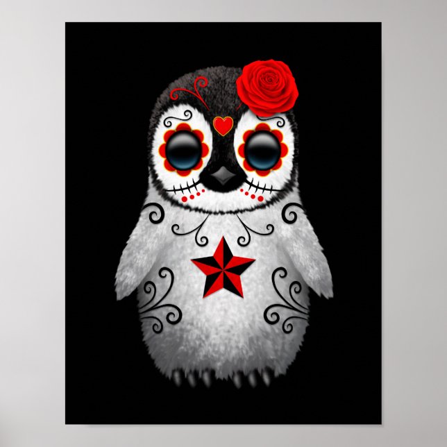 Red Day of the Dead Sugar Skull Penguin Black Poster (Front)