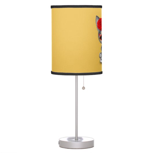 Red Day of the Dead Sugar Skull Wolf Cub Table Lamp (Left)