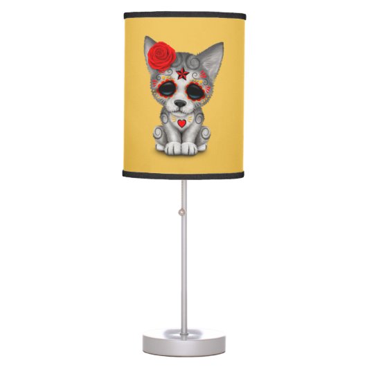 Red Day of the Dead Sugar Skull Wolf Cub Table Lamp (Front)