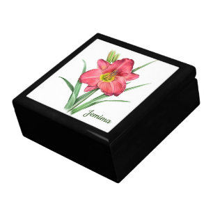 Red Daylily Art Personalized Jewelry Keepsake Box
