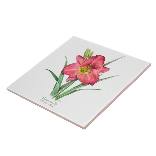 Red Daylily Botanical Art Style Ceramic Tile (Side)