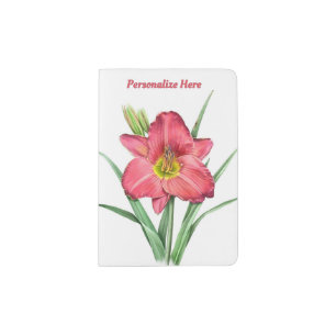 Red Daylily Flower Botanical Art Personalized Passport Holder