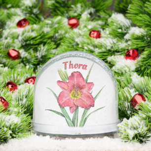 Red Daylily Flower Botanical Art Personalized Snow Globe