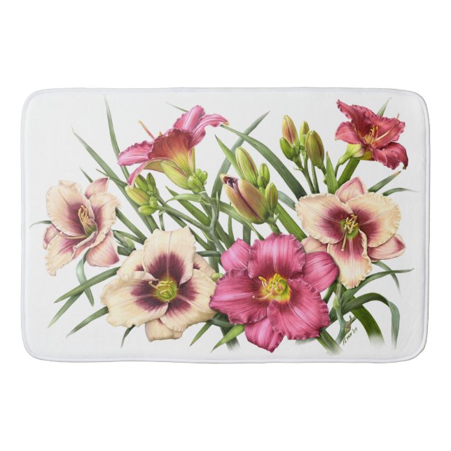 Red Daylily Garden Floral Design Bath Mat (Front)