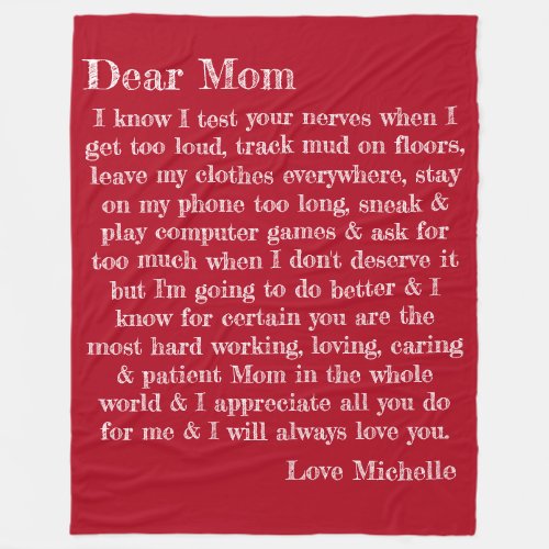 Red Dear Mom Typography Letter Personalized Fleece Blanket