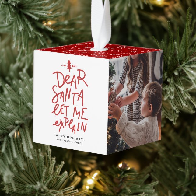 Red Dear Santa Let Me Explain Photo Christmas Cube Ornament (Tree)