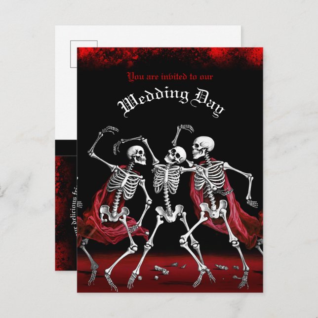 Red Death Dancing Skeletons Gothic Wedding Invitation Postcard (Front/Back)