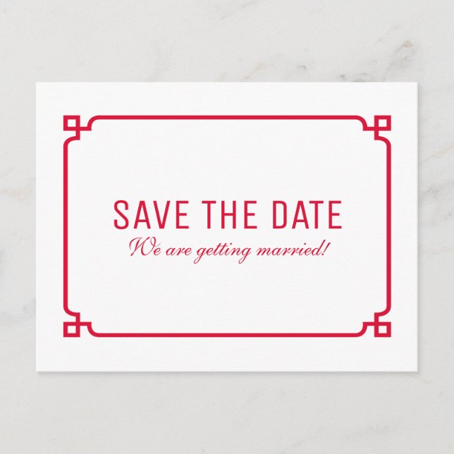 Red Deco Chic Save the Date Postcard (Front)