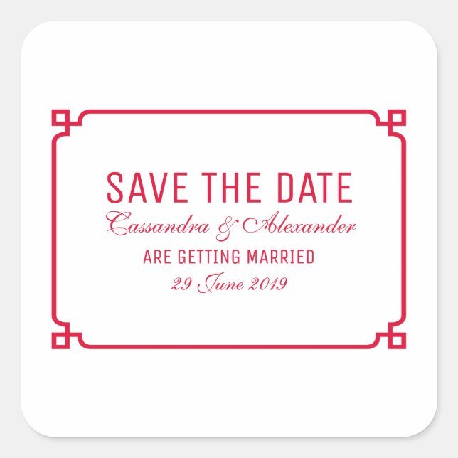 Red Deco Chic Save the Date Square Sticker (Front)