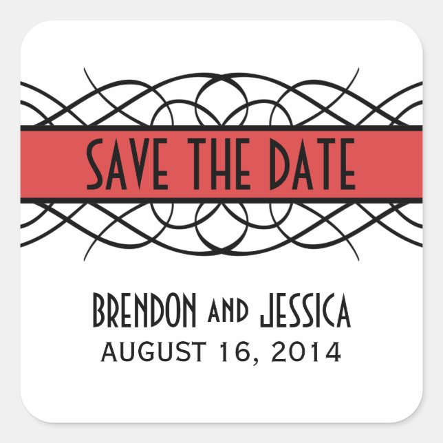 Red Deco Flourish Save the Date Stickers (Front)