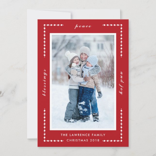 Red Decorative Blessings Peace Joy Christmas Photo Holiday Card (Front)