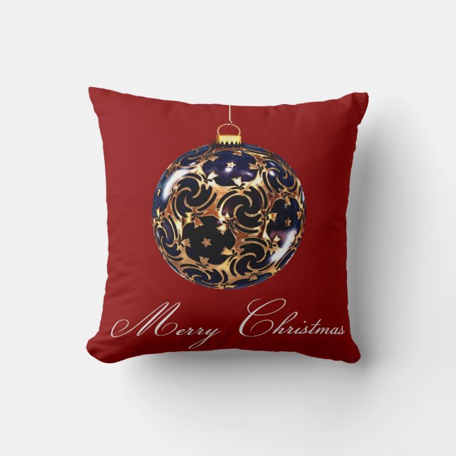 Red Decorative Blue Glitter Merry Christmas Ball Throw Pillow (Front)