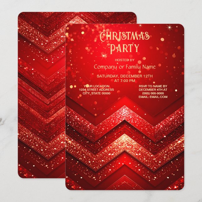 Red Decorative Christmas Glitter Holiday Party Invitation (Front/Back)
