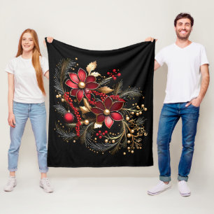 Red Decorative Flowers Holiday Fleece Blanket