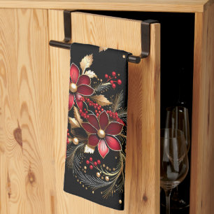 Red Decorative Flowers Holiday Kitchen Towel