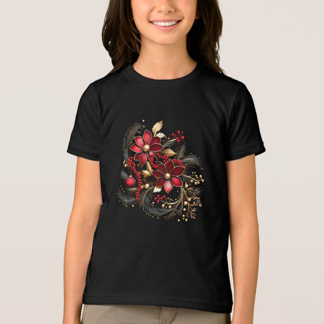 Red Decorative Flowers Holiday T-Shirt Tri-Blend Shirt (Front)