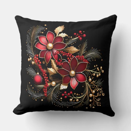 Red Decorative Flowers Holiday Throw Pillow