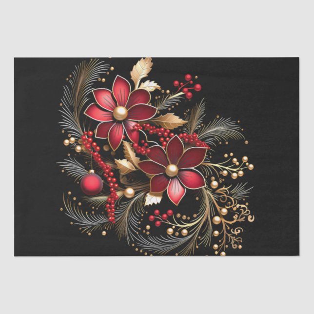 Red Decorative Flowers Holiday Tissue Paper (Front)