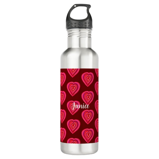 red decorative heart stainless steel water bottle (Front)