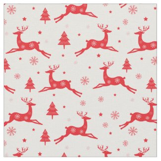 Red Deer and Snowflakes on White Bg Fabric