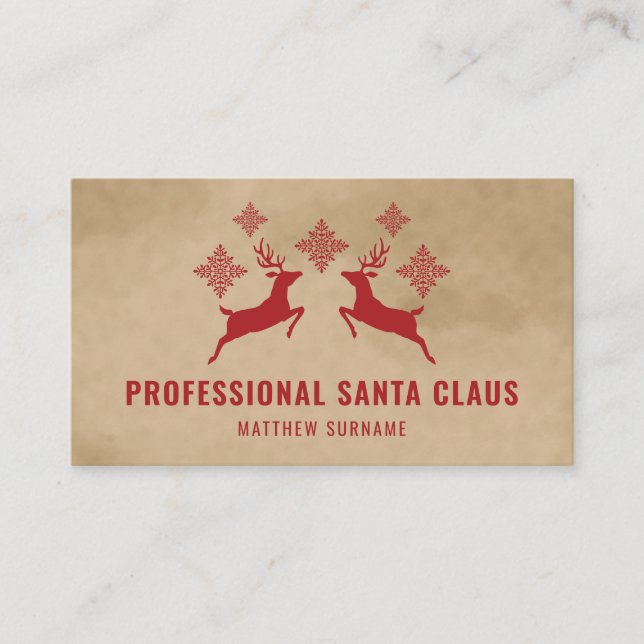 Red Deer And Snowflakes Professional Santa Claus Business Card (Front)