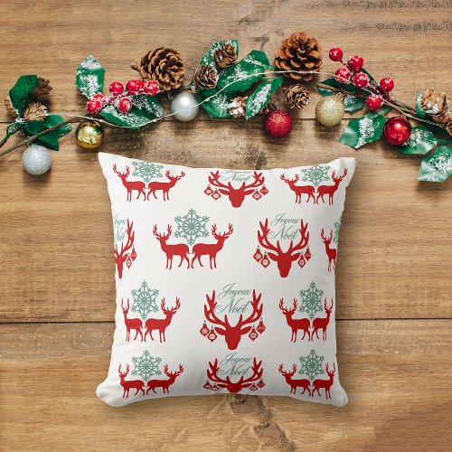 Red Deer Antlers Pattern Cabin Christmas Pattern Throw Pillow