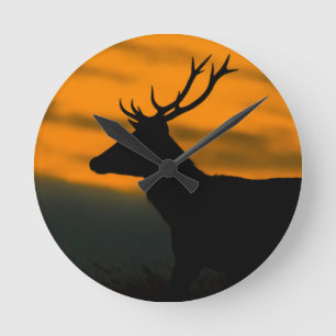 Red Deer at Dawn – Rustic Wildlife Wood Art Round Clock