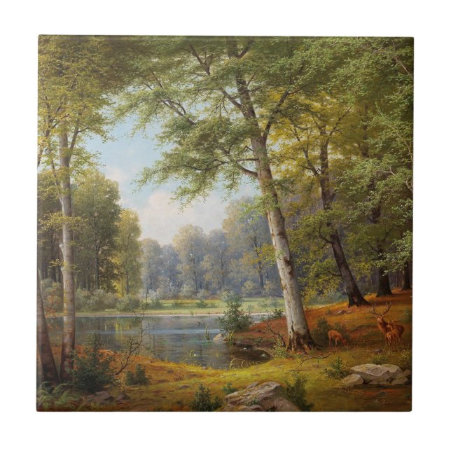 Red Deer by the Forest Pond Ceramic Tile (Front)