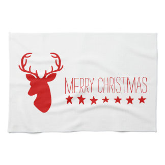 Red Deer Head And Stars With Text Merry Christmas Kitchen Towel