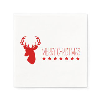 Red Deer Head And Stars With Text Merry Christmas Paper Napkins