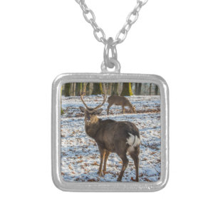 Red Deer in Snow Silver Plated Necklace