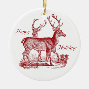 Red Deer Reindeer in Woods Custom Christmas Ceramic Ornament