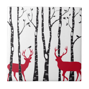 Red deers in birch tree forest ceramic tile