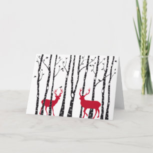 Red deers in birch tree forest holiday card
