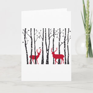 Red deers in birch tree forest holiday card