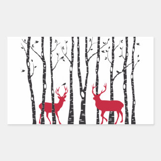 Red deers in birch tree forest rectangular sticker