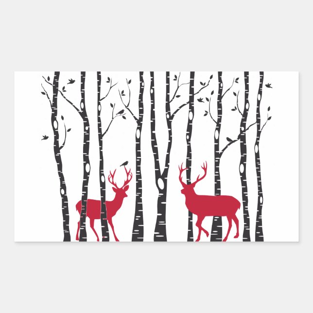 Red deers in birch tree forest rectangular sticker (Front)