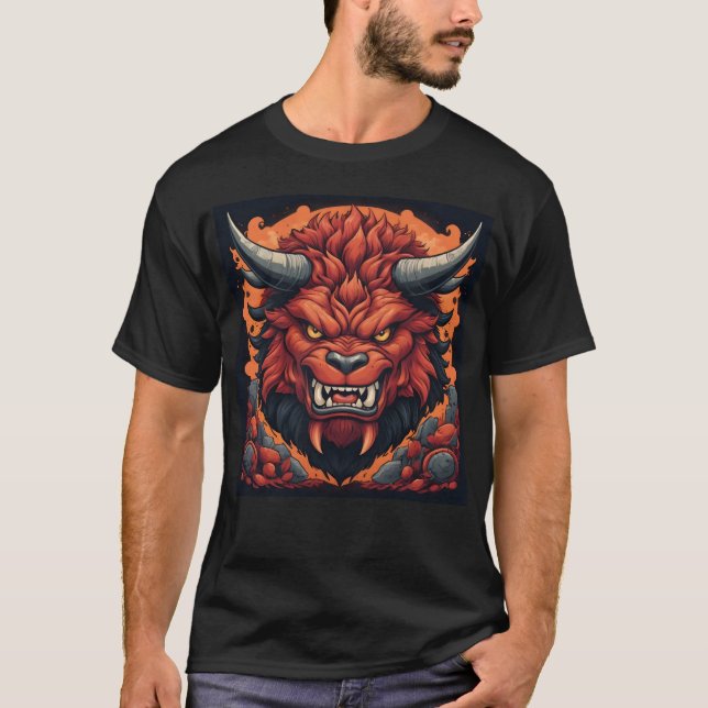 Red Demon Bull with Fiery Details T-Shirt (Front)