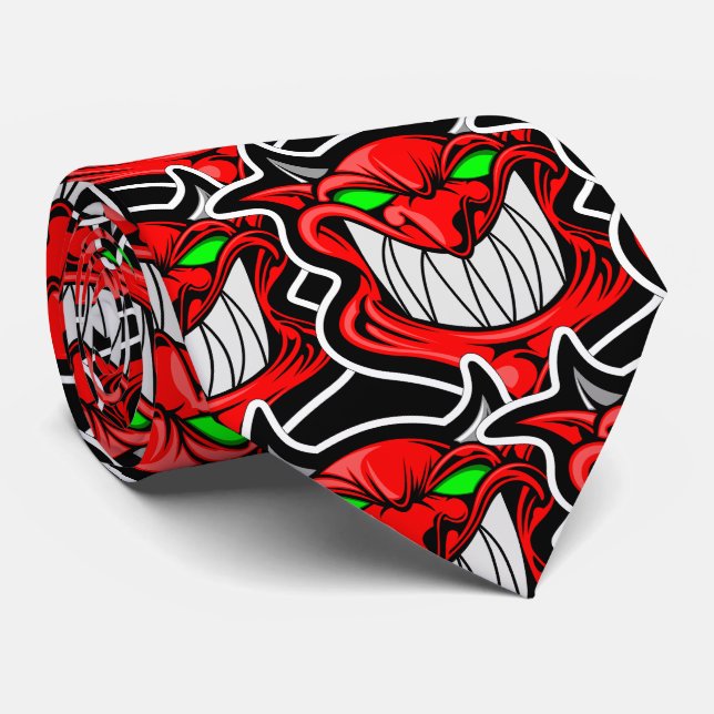 Red Demon with Green Eyes Retro Art  Neck Tie (Rolled)