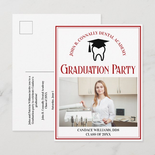 Red Dental School Photo Custom Graduation Party Invitation Postcard (Front/Back)