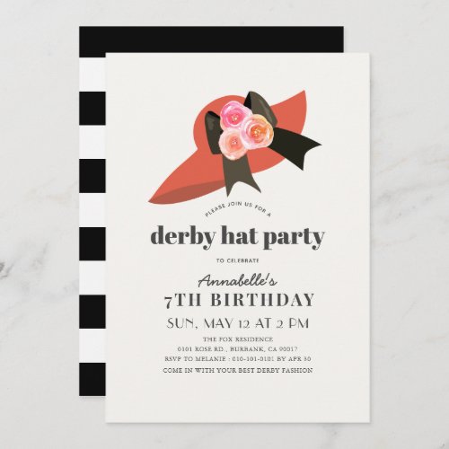 Red Derby Hat Rose Girl Birthday Party Invitation