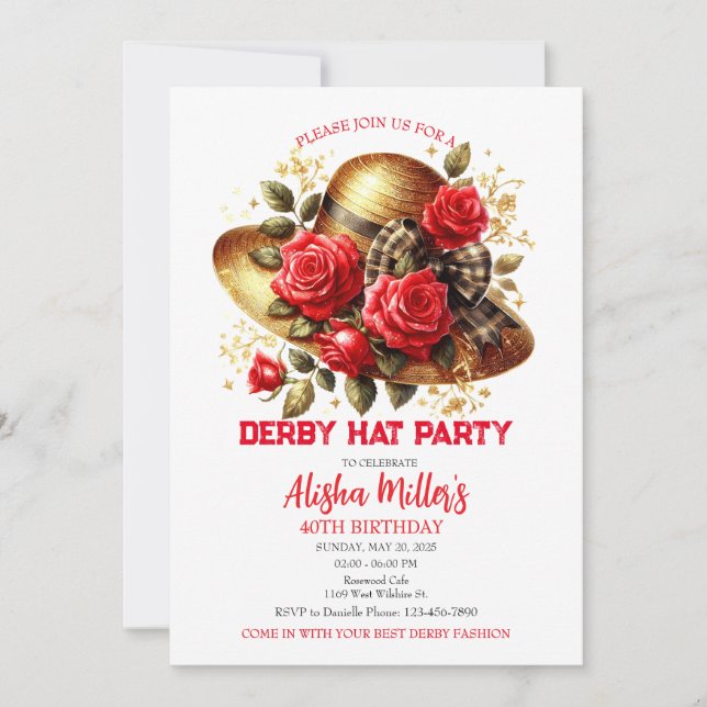 Red Derby Hat Roses Birthday Party Invitation (Front)