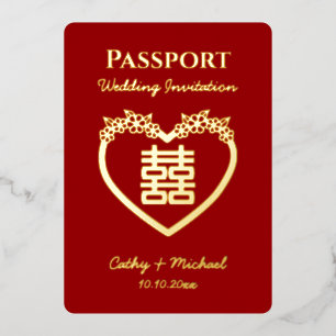 Red destination chinese wedding passport foil invitation