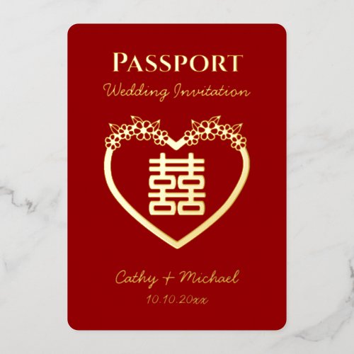 Red destination chinese wedding passport foil invitation
