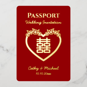 Red destination chinese wedding passport foil invitation