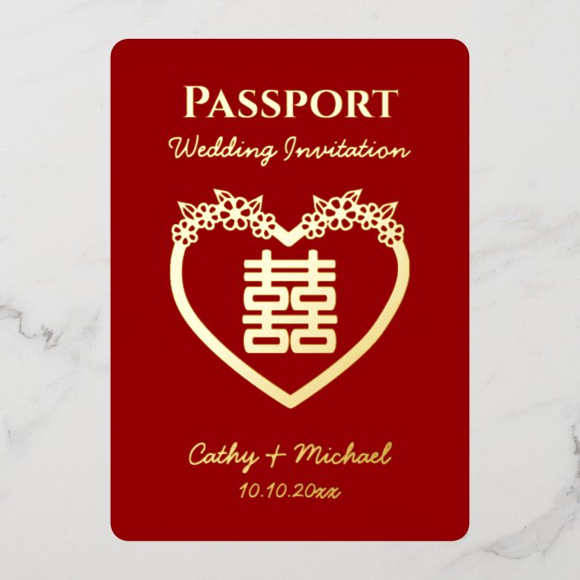Red destination chinese wedding passport foil invitation (Front)