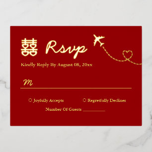 Red destination wedding double happiness rsvp foil invitation postcard