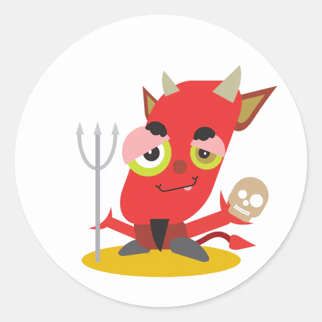 Red Devil Halloween Pitchfork Cartoon Classic Round Sticker | Zazzle